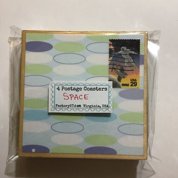 Space Coasters, 4 pack, Postage Stamp Wood Coaster Set with Cork Backing, Drink - Picture 2 of 8